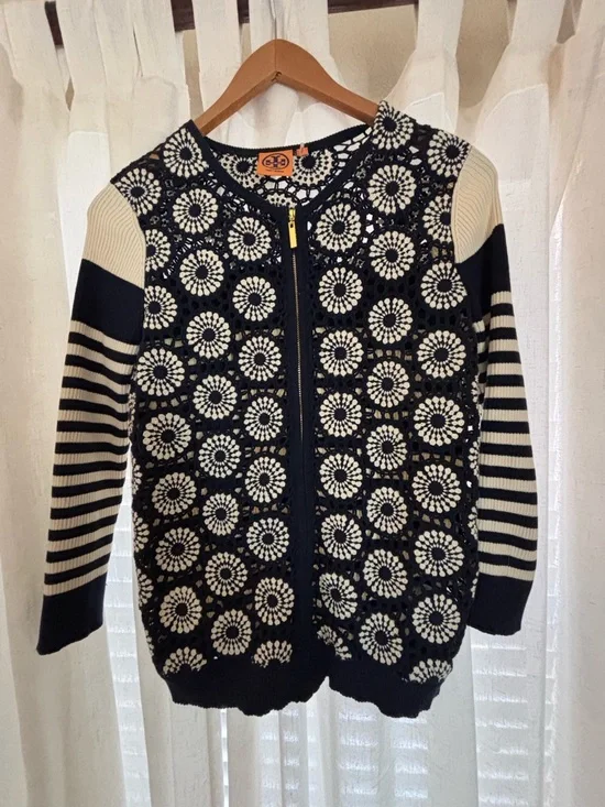 Tory Burch Navy and Cream Floral Zip Cardigan - Picture 1 of 10